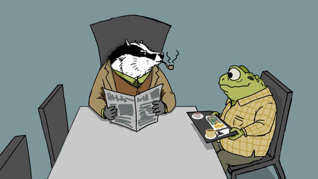 anthro black_body black_nose bottomwear clothing duo fur green_body looking_at_another male newspaper overweight overweight_male pants shirt sitting smoking smoking_pipe topwear white_body white_fur taxonite wind_in_the_willows badger_(wind_in_the_willows) mister_toad amphibian badger frog mammal mustelid musteline toad_(frog) 2026 hi_res
