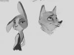 anthro clothed clothing duo female grey_background looking_at_viewer male simple_background whiskers monoflax disney zootopia fan_character canid canine fox lagomorph leporid mammal rabbit 2018 greyscale hi_res monochrome