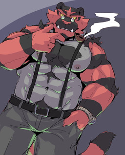 5_fingers anthro beard belt black_body black_eyes black_fur bottomwear chest_fur claws clock clothed clothing eyewear facial_hair finger_claws fingers fur glasses hair male multicolored_body multicolored_fur muscular muscular_anthro muscular_male nipples partially_clothed pecs red_body red_fur simple_background smoke smoking smoking_pipe solo standing suspenders watch yellow_sclera huger_smot nintendo pokemon domestic_cat felid feline felis generation_7_pokemon incineroar mammal pokemon_(species) 2019 digital_drawing_(artwork) digital_media_(artwork) hi_res shaded