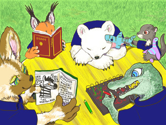 ambiguous_gender anthro blue_eyes book brown_body brown_fur claws clothed clothing drawing eyes_closed female fur furniture grass green_eyes group holding_object inner_ear_fluff lying notebook open_book open_mouth orange_body orange_fur pencil_(object) plant plushie reading shirt sitting sleeping smile table teeth text topwear tuft white_body white_fur writing_utensil yellow_eyes young young_anthro sibaketsu alligator alligatorid bear canid canine canis caracal caracal_(genus) crocodile crocodilian felid feline giant_otter hyena mammal mustelid musteline otter polar_bear reptile river_otter scalie ursine 2019 absurd_res digital_media_(artwork) english_text hi_res