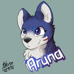 anthro badge blue_body blue_fur fur male markings red_markings smile solo white_body white_fur canid canine canis mammal wolf absurd_res hi_res