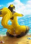 anthro anus backsack balls beach butt feet femboy fur genitals group heart_symbol hindpaw kneeling macro male micro nude outside paws seaside solo_focus wide_hips yellow_body yellow_fur ratatula logan_grey canid canine fox mammal hi_res