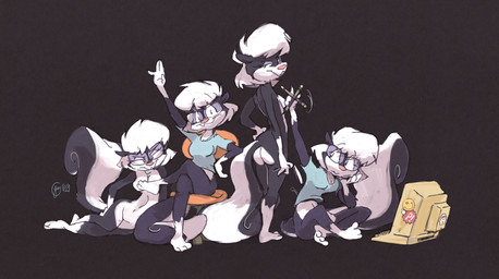 3_toes 4_fingers anthro barefoot black_background black_body black_fur bottomless breasts butt cleavage clothed clothing computer convenient_censorship covering covering_breasts crossed_legs electronics eyewear feet female fingers fur gesture glasses gloves_(marking) hair hand_on_hip leg_markings long_tail looking_at_viewer looking_back markings multicolored_body multicolored_fur multiple_poses navel nude pose presenting presenting_hindquarters rear_view short_hair simple_background sitting smile socks_(marking) solo standing tail toes waving white_body white_fur edtropolis sabrina_online sabrina_(sabrina_online) mammal mephitid skunk striped_skunk hi_res shaded signature