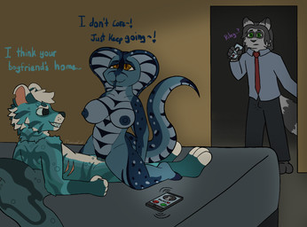 anthro blue_body cellphone clothed clothing cowgirl_position cuckold duo electronics female from_front_position fur green_eyes grey_body grey_fur infidelity male male/female multicolored_body multicolored_fur on_bottom on_top penetration penile penile_penetration phone phone_call sex shark_tail smartphone text yellow_eyes mexican_cat bruce_(butchbakes26) hans_(mexican_cat) riley_(mexican_cat) aquatic fish mammal procyonid raccoon reptile scalie shark snake english_text hi_res