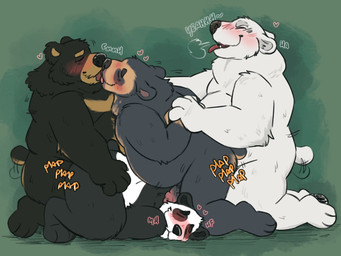 anal anal_penetration anthro ass_up black_body black_fur blush eyes_closed foursome from_behind_position fur genitals group group_sex kissing kissing_while_penetrated kissing_while_penetrating looking_pleasured male male/male moan onomatopoeia overweight overweight_bottom overweight_male overweight_top penetration penile penile_penetration penis penis_in_ass plap sex side_view sound_effects tail tail_motion tailwag text white_body white_fur campfire_donut bear black_bear giant_panda mammal moon_bear polar_bear short-faced_bear spectacled_bear ursine 4:3 hi_res