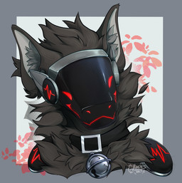 bell black_body black_fur collar flowers_in_background front_view fur grey_background kivens_art machine male screen simple_background smile solo white_background avo protogen red hi_res