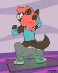 anthro biped bottomwear clothed clothing crouching fart fully_clothed fur hair male pants shirt simple_background solo topwear yoga_pants zadirtybish zabi_(zabish) canid canine canis mammal wolf 4:5 hi_res signature