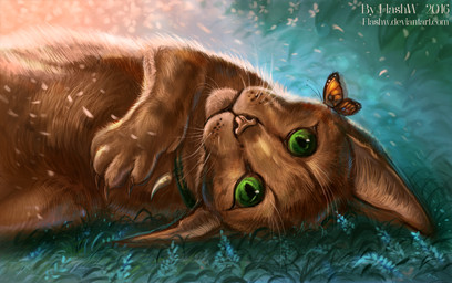 4_fingers ambiguous_gender black_lips brown_body brown_claws brown_fur claws detailed_background duo feral fingers flower fur green_eyes inner_ear_fluff insect_wings jewelry lips long_mouth looking_at_viewer lying necklace no_sclera on_back orange_wings outside pawpads paws pink_nose plant pupils shadow slit_pupils snout solo_focus tan_body tan_fur tuft whiskers white_body white_fur wind wings flashw arthropod butterfly domestic_cat felid feline felis insect lepidopteran mammal 2016 detailed digital_media_(artwork) digital_painting_(artwork) half-length_portrait hi_res painting_(artwork) portrait