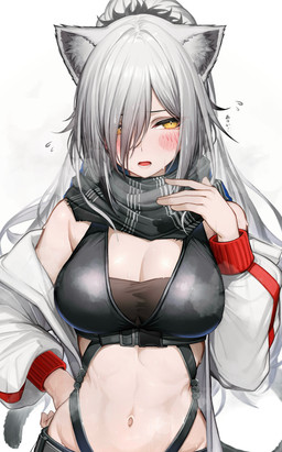 big_breasts blush bodily_fluids breasts cleavage clothed clothing eyebrows eyelashes female flying_sweatdrops grey_hair hair jacket looking_away navel scarf solo steam sweat sweatdrop topwear tabhead arknights hypergryph studio_montagne schwarz_(arknights) animal_humanoid cat_humanoid felid felid_humanoid feline feline_humanoid humanoid mammal mammal_humanoid 2025 absurd_res hi_res