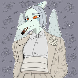 alternate_costume anthro blue_body bone_frill bow_tie camera cigar cigarette cigarette_in_mouth clothed clothed_anthro clothed_female clothing collared_shirt dress_shirt feathered_wings feathers female frill_(anatomy) frown grey_body grey_feathers grey_hair hair half-closed_eyes jacket long_hair markings narrowed_eyes object_in_mouth open_clothing open_jacket open_topwear orange_eyes pattern_background shirt simple_background solo striped_markings stripes tan_clothing tan_jacket tan_shirt tan_topwear text topwear wings lorikani cavemanon_studios goodbye_volcano_high ko_op_(game_developer) snoot_game fang_(gvh) prehistoric_species pterosaur reptile scalie 1:1 absurd_res colored english_text half-length_portrait hi_res portrait shaded