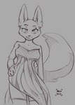 anthro breasts clothing dress female grey_background hand_on_hip looking_at_viewer medium_breasts simple_background smile solo mewmus dreamworks the_bad_guys diane_foxington canid canine fox mammal 2022