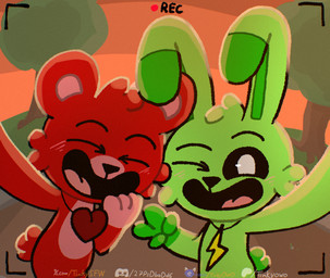anthro black_eyes blush blush_lines camera camera_view charm_(jewelry) duo eyes_closed female fur gesture green_body green_fur hand_gesture holding_camera holding_object jewelry necklace one_eye_closed open_mouth outside plant pupils red_body red_fur smile sunset text tongue tree v_sign white_pupils tinky mob_entertainment poppy_playtime smiling_critters bobby_bearhug hoppy_hopscotch bear lagomorph leporid mammal rabbit url