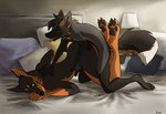 anthro bed doggystyle duo female from_behind_position furniture looking_back male male/female nub_tail paws sex tongue tongue_out captainskee canid canine canis dobermann domestic_dog fox mammal pinscher