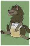 blush bodily_fluids claws clothed clothing diaper eyes_closed feral genital_fluids grass lying male on_back open_mouth outside paw_on_diaper pawpads paws plant sharp_teeth smile solo teeth tongue tongue_out unclean_diaper urine used_diaper wearing_diaper wet_diaper scripin one_stormy_night gabu canid canine canis mammal wolf 2:3 absurd_res hi_res