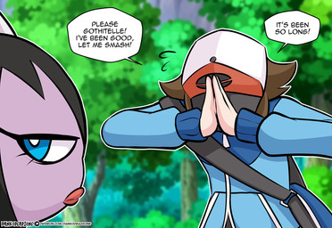 blue_eyes brown_hair clothed clothing dialogue duo forest forest_background hair hat headgear headwear male nature nature_background plant requesting text tree dankodeadzone nintendo pokemon hilbert_(pokemon) generation_5_pokemon gothitelle human mammal pokemon_(species) 2024 english_text url