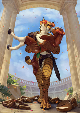 accessory ancient_rome anthro armor biceps bottomwear butt carrying_another carrying_partner claws clothed clothing coliseum digit_ring digitigrade duo feet flower flower_in_hair fur hair hair_accessory half-closed_eyes hooves jewelry kissing kissing_cheek loincloth loincloth_only looking_at_another male male/male married_couple melee_weapon muscular muscular_anthro muscular_male narrowed_eyes petals plant ring romantic romantic_ambiance romantic_couple smile standing sword tail toe_claws toes topless topless_anthro topless_male warrior weapon wedding_ring satanic_monkey bobcat equid equine felid feline horse lynx mammal digital_media_(artwork) hi_res