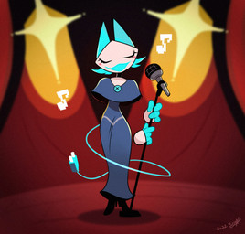 anthro athletic athletic_anthro athletic_female blush blush_stickers cable_tail clothing dress electrical_plug electrical_plug_tail electronics eyes_closed female floating_hands footwear front_view high_heels machine microphone musical_note musical_symbol on_model shoes singing solo stage standing symbol tail nelnal deltarune undertale_(series) tasque_manager darkner domestic_cat felid feline felis mammal robot 2022 hi_res