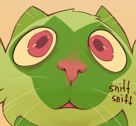 ambiguous_gender black_text fur green_body green_fur looking_at_viewer open_mouth pink_eyes pink_nose simple_background sniffing text whiskers nepentz nintendo pokemon generation_9_pokemon pokemon_(species) sprigatito 2026 absurd_res english_text hi_res icon portrait reaction_image