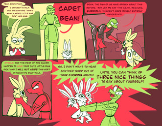 anthro armor bodily_fluids cart dialogue encouragement eyespots female fluffy male markings scolding simple_background small_penis_appreciation speech_bubble tail tears text yelling_at_another vanilla_candy unicorn_blood_(comic) bean_(vanilla_candy) briar_(vanilla_candy) arthropod insect lepidopteran moth reptile scalie snake comic english_text hi_res restricted_palette