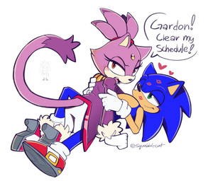 anthro blush clothing duo fangs female female_on_top footwear gloves hand_on_back handwear heart_symbol hero high_heels kiss_mark looking_back male male/female on_top princess royalty shoes smile speech_bubble teeth text watching_from_afar squabblecat sega sonic_the_hedgehog_(series) blaze_the_cat sonic_the_hedgehog domestic_cat eulipotyphlan felid feline felis hedgehog mammal absurd_res english_text hi_res