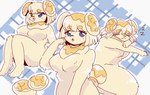 3_fingers 3_toes anthro arm_tuft barefoot big_breasts blonde_hair blue_background blue_eyes blush blush_lines bob_cut bread breasts butter cheek_tuft closed_smile cute_fangs dairy_products dewlap_(anatomy) elbow_tuft eye_through_hair eyebrow_through_hair eyebrows eyes_closed facial_tuft fangs feet female fingers food front_view fur glistening glistening_eyes hair hair_bun head_markings knee_tuft leg_tuft light_body light_fur light_hair looking_at_viewer looking_away markings mouth_closed multiple_angles multiple_poses nude nude_female open_mouth open_smile pattern_background plaid plaid_background pose simple_background sitting sleeping slightly_chubby smile snout solo sound_effects standing tail teeth toes translucent translucent_hair tuft vowelless vowelless_sound_effect yellow_body yellow_fur yellow_tail zzz suda nintendo pokemon canid canine canis domestic_dog fidough food_creature generation_9_pokemon mammal pokemon_(species) 2022 digital_media_(artwork) hi_res multiple_images