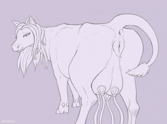 animal_genitalia animal_vulva anus bodily_fluids bovine_genitalia bovine_vulva breast_milking female female_feral feral feral_with_hair genitals hair hooves lactating looking_at_viewer looking_back looking_back_at_viewer machine milking_machine quadruped solo teats udders vulva digitoxici bovid bovine cattle mammal 2026 digital_media_(artwork) hi_res line_art monochrome