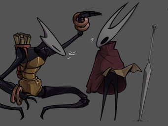 anthro black_body bracelet cloak clothing crouching duo exoskeleton eye_contact female grey_background holding_map hornet's_needle jewelry larger_female leotard looking_at_another measuring melee_weapon question_mark raised_arm red_cloak red_clothing segmented_arms segmented_body simple_background size_difference smaller_female smile smirk strapless_clothing strapless_leotard striped_legs weapon white_head kaiartis hollow_knight:_silksong hollow_knight_(franchise) team_cherry hornet_(hollow_knight) shakra_(hollow_knight:_silksong) arthropod 2025