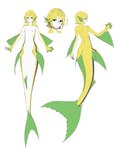 arm_fins blonde_hair blue_eyes dorsal_fin ear_fins female fin flat_chested gills hair humanoid_pointy_ears membrane_(anatomy) nipples nude pelvic_fins scales short_hair simple_background solo split_form tail tail_fin webbed_hands white_background white_body white_scales yellow_body yellow_scales madiblitz macross kaname_buccaneer humanoid marine merfolk absurd_res digital_drawing_(artwork) digital_media_(artwork) hi_res model_sheet