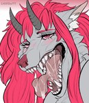 anthro blush bodily_fluids claws female hair horn mouth_shot open_mouth pink_hair saliva shy solo tongue tongue_out lerkodtt mythology zs410 daria_braus_(nick_stalker1) canid canine canis dragon hybrid mammal mythological_creature mythological_scalie scalie wolf absurd_res digital_drawing_(artwork) digital_media_(artwork) hi_res herm_(lore)