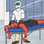 anthro anthrofied bodily_fluids bottomwear clothed clothing duo exhausted footwear fully_clothed locker locker_room lying male massage massage_table on_front pants pokemorph polo_shirt shirt shoes shorts standing sweat tank_top topwear fuze nintendo pokemon lucas_(fuze) generation_7_pokemon legendary_pokemon pokemon_(species) solgaleo torracat 1:1 2017 hi_res