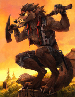 4_toes 5_fingers accessory anthro biped black_eyebrows black_nose bottomwear brown_body brown_fur brown_hair brown_tail claws clothed clothing crouching digitigrade empty_eyes eyebrows fangs feet fingerless_gloves fingers front_view fur gloves glowing glowing_eyes grass grey_claws grin hair handwear headband holding_object long_tail looking_at_viewer male melee_weapon nunchaku outside pants pickaxe plant pose sky smile snout solo tail teeth toe_claws toes tombstone topwear torn_clothing vest weapon kenket epic_games fortnite mythology dire_(fortnite) canid canine mammal mythological_canine mythological_creature werecanid werecanine werecreature werewolf 2018 full-length_portrait hi_res portrait