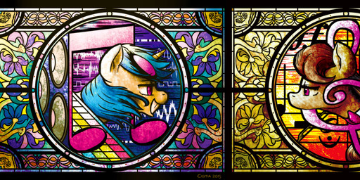 art_nouveau black_border blue_hair border bow_(feature) bow_(stringed_instrument) bow_tie brown_hair eyelashes eyewear female flower glasses hair half-closed_eyes horn makeup mascara musical_note musical_symbol narrowed_eyes pink_eyes plant side_view smile solo speaker stained_glass symbol teeth cigitia friendship_is_magic hasbro my_little_pony mythology octavia_(mlp) vinyl_scratch_(mlp) earth_pony equid equine horse mammal mythological_creature mythological_equine pony unicorn 2015 absurd_res digital_media_(artwork) digital_painting_(artwork) headshot_portrait hi_res painting_(artwork) portrait