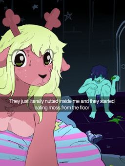 after_sex anthro antlers athletic bed_sheet bedding blue_body boxers_(clothing) breasts cleavage clothed clothing confusion discarded_footwear door duo eating eating_food eating_moss female freckled_face freckles green_eyes horn interspecies looking_at_viewer male male/female moss nervous nude plant platinum_blonde post_nut_clarity sabatons selfie sitting snout star text underwear unsure unknown_artist deltarune he_just_nut_in_me_and_started_playing undertale_(series) kris_dreemurr noelle_holiday deer human mammal new_world_deer reindeer 3:4 english_text hi_res