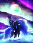 aurora_(phenomenon) bedroom_eyes blue_body blue_fur blue_hair butt cutie_mark feathered_wings feathers female feral fur hair half-closed_eyes hooves horn iridescent iridescent_butt iridescent_feathers iridescent_hair iridescent_mane iridescent_tail iridescent_water iridescent_wings long_hair looking_at_viewer looking_back moon narrowed_eyes outside raised_tail seductive sky smile solo star tail teal_eyes water wings shydale friendship_is_magic hasbro my_little_pony mythology princess_luna_(mlp) equid equine mammal mythological_creature mythological_equine winged_unicorn hi_res