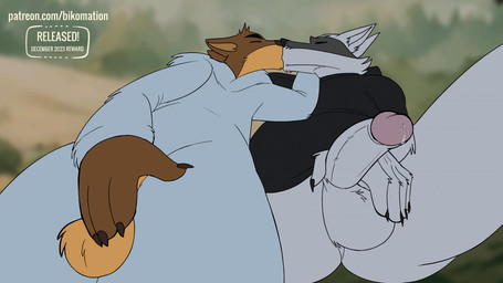 5_fingers anthro balls black_clothing black_nose bodily_fluids bottomless brown_body brown_fur cheek_tuft claws cloak clothed clothing deep_kiss duo erection excited eyebrows eyes_closed face_to_face facial_markings facial_tuft fingers fluffy_balls fur genital_fluids genitals grey_body grey_fur half-erect hand_on_balls hand_on_penis head_markings holding_penis hoodie hug kiss_on_lips kissing looking_pleasured low-angle_view male male/male markings mask mask_(marking) masturbation multicolored_body multicolored_fur nature nature_background outside penile penis precum precum_on_penis rubbing_penis tan_body tan_fur topwear touching_self tuft two_tone_body two_tone_fur white_body white_clothing white_fur wool_clothing bikomation conditional_dnp dreamworks puss_in_boots_(franchise) the_bad_guys death_(puss_in_boots) mr._wolf_(the_bad_guys) canid canine canis mammal northwestern_wolf wolf 2023 2d_animation animated crossover digital_media_(artwork) frame_by_frame widescreen