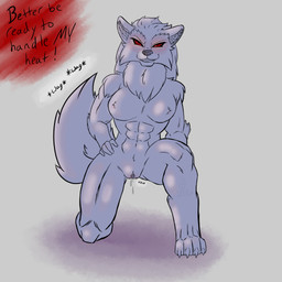 anthro breasts dripping female genitals muscular muscular_female solo vulva wet aguywhodraws prydr canid canine canis dire_wolf mammal prehistoric_species wolf 1:1 absurd_res hi_res