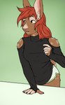 anthro bottomwear breasts butt clothed clothing female fur hair leaning_on_table longsleeve shorts simple_background solo sweater tail topwear androidz lagomorph leporid mammal rabbit absurd_res hi_res