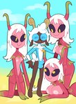 badge beach blush breasts bulge clothing dark_body dark_skin eyewear female fur glasses group horn kneeling lying male nipples nude on_front pink_body pink_skin small_breasts standing uniform wool_(fur) miscon raito_buru_(miscon) alien bovid caprine mammal sheep absurd_res hi_res