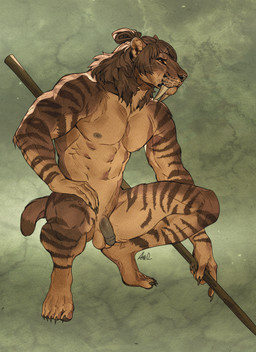 anthro balls brown_body brown_eyes brown_fur claws crouching fangs finger_claws flaccid fur genitals hair hair_bun holding_object holding_staff humanoid_genitalia humanoid_penis looking_aside male muscular muscular_anthro muscular_male neck_tuft nipples nude nude_anthro nude_male pecs penis sabertooth_(anatomy) short_tail simple_background solo staff stripes tail teeth textured_background toe_claws tuft whisker_spots whiskers ama_dench_art felid mammal prehistoric_species saber-toothed_tiger smilodon 2026 absurd_res digital_media_(artwork) hi_res signature