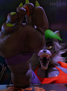 5_toes anthro between_toes big_breasts big_feet breasts cleavage clothed clothing colored_nails dark_soles feet female foot_focus footwear golden_lipstick green_nails huge_feet looking_at_viewer machine nails sharp_teeth socks soles solo stirrup_socks teeth toes wrinkled_feet wrinkles iglooder five_nights_at_freddy's five_nights_at_freddy's:_security_breach scottgames steel_wool_studios roxanne_wolf animatronic canid canine canis mammal robot wolf absurd_res blender_(artwork) blender_cycles_(artwork) digital_media_(artwork) hi_res