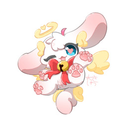 anus bow_accessory chibi female feral front_view fur genitals halo humanoid_genitalia humanoid_genitalia_on_feral humanoid_vulva kemono pawpads paws pink_body pink_fur simple_background smile solo vulva white_background white_body white_fur neisawa 1:1 absurd_res hi_res
