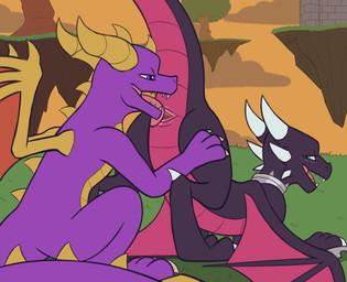 animal_genitalia ass_up black_body canon_couple claws cloaca cloacal cloacalingus close-up duo female female_feral feral floating_island genital_shot genitals grass horizontal_cloaca horn licking long_tail looking_back male male/female male_feral oral plant purple_body purple_eyes raised_tail rear_view saliva_on_cloaca sex spikes sunset tail tailbutt teal_eyes teeth thick_tail tongue tongue_out vulva vulva_shot wings ahatas activision mythology spyro_the_dragon the_legend_of_spyro cynder spyro dragon mythological_creature mythological_scalie scalie 2d_animation animated frame_by_frame hi_res no_sound short_playtime webm