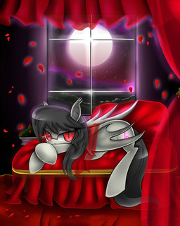 alternate_species bat_wings bed black_hair curtains cutie_mark female furniture hair inside looking_at_viewer lying membrane_(anatomy) membranous_wings moon mountain night petals pupils red_eyes romantic romantic_ambiance rose_petals slit_pupils solo star window wings cyanaeolin friendship_is_magic hasbro my_little_pony octavia_(mlp) bat_pony equid mammal vampire 2014 4:5 hi_res