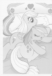 2012 absurd_res aoi_takayuki apple applejack_(mlp) bed cutie_mark duo earth_pony equid equine eyes_closed feathered_wings feathers female female/female feral food freckles friendship_is_magic fruit furniture hair hasbro heart_symbol hi_res horse long_hair mammal monochrome multicolored_hair my_little_pony mythological_creature mythological_equine mythology open_mouth pegasus pillow plant pony ponytail quadruped rainbow_dash_(mlp) tail wings