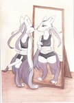 anthro casual_clothing claws female looking_at_mirror looking_at_object mature_female mirror solo tail toe_claws worried wounded fawnshyart nintendo pokemon shoa_mien generation_5_pokemon mienshao pokemon_(species) traditional_media_(artwork)