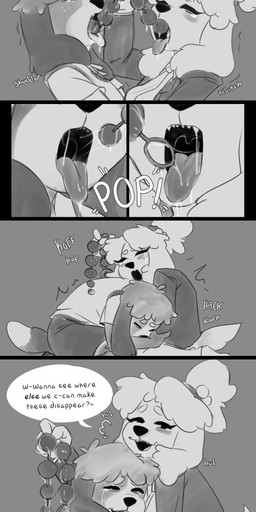 accessory anal_beads anal_beads_in_mouth anthro arms_around_partner blouse blush bodily_fluids bottomwear breast_grab breasts butt butt_grab clothed clothing crossdressing crossdressing_female crossdressing_male dialogue drooling duo eyes_closed female hair_accessory hand_on_breast hand_on_butt jacket kissing kneeling making_out male male/female necktie oral oral_penetration pants penetration saliva sex_toy sex_toy_in_mouth sex_toy_insertion shirt skirt speech_bubble string_bow swallowing_sex_toy text topwear vest cuttlehonk animal_crossing nintendo digby_(animal_crossing) isabelle_(animal_crossing) canid canine canis domestic_dog mammal shih_tzu toy_dog absurd_res comic english_text greyscale hi_res monochrome multiple_scenes brother_(lore) brother_and_sister_(lore) incest_(lore) sibling_(lore) sister_(lore) twincest_(lore) twins_(lore)