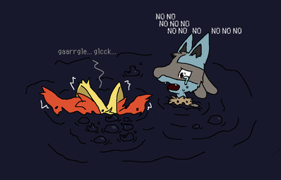 ambiguous_gender asphyxiation bodily_fluids crying death dialogue drowning duo feral imminent_death looking_at_another motion_lines onomatopoeia open_mouth peril sinking sound_effects tar tears text quicksans nintendo pokemon braixen generation_4_pokemon generation_6_pokemon lucario pokemon_(species) 2024 aliasing binary_drawing digital_drawing_(artwork) digital_media_(artwork) english_description english_text story story_in_description
