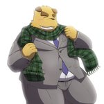 anthro blush bottomwear brown_body brown_fur clothing eyes_closed fur kemono male overweight overweight_anthro overweight_male pants scarf shirt simple_background solo topwear white_background emufu canid canine canis domestic_dog mammal 1:1 2014