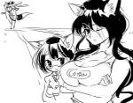 anthro big_breasts breast_rest breasts cleavage clothed clothing crossed_arms female fur group japanese kemono 1boshi canid canine fox human mammal black_and_white low_res monochrome