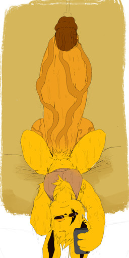anthro balls big_balls big_penis bodily_fluids bottomless clothed clothing genital_fluids genitals girthy huge_balls huge_penis hyper hyper_genitalia hyper_penis lying male on_back penis precum solo sweat thick_penis translucent translucent_clothing vein veiny_balls veiny_penis lumiink nintendo pokemon eevee_bros_(modca) eeveelution generation_1_pokemon jolteon pokemon_(species) absurd_res alternate_version_at_source hi_res